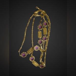 Vintage 52” gold tone bar link chain, purple glass circles, and filigree accents